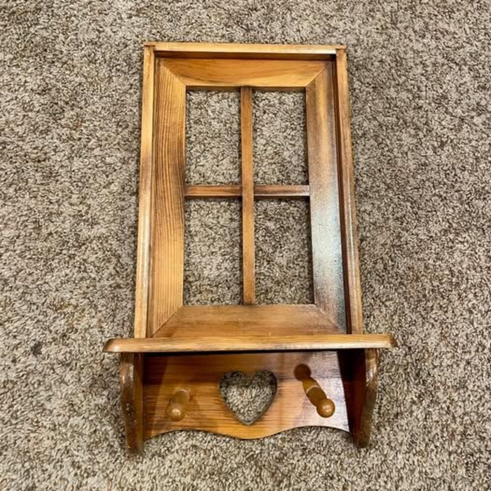 Window-Frame Wall Shelf with Heart Cutout & Pegs